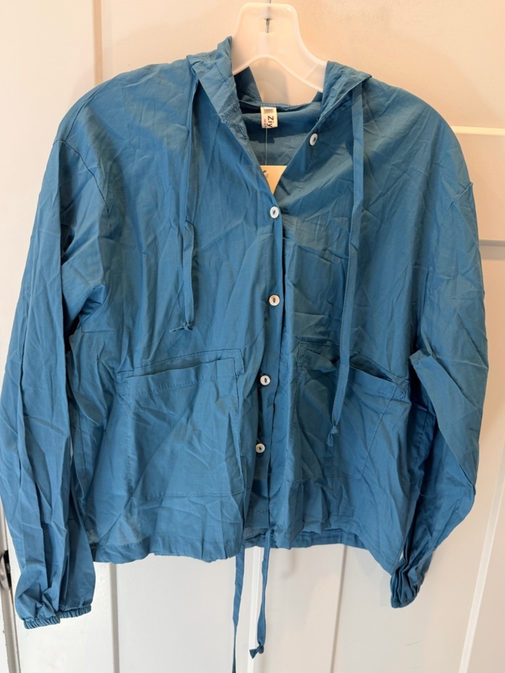Lightweight Hooded Jacket Women Medium Blue Drawstring Casual Utility Layer